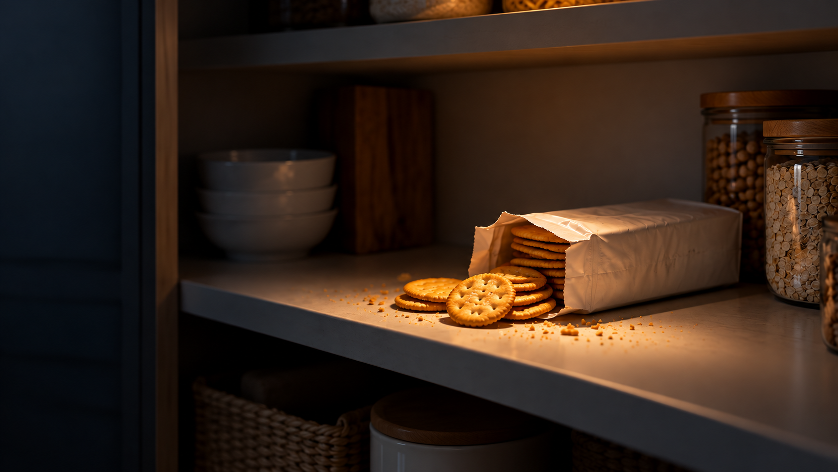 A cracker sleeve torn down the side, with crackers scattered on a kitchen shelf