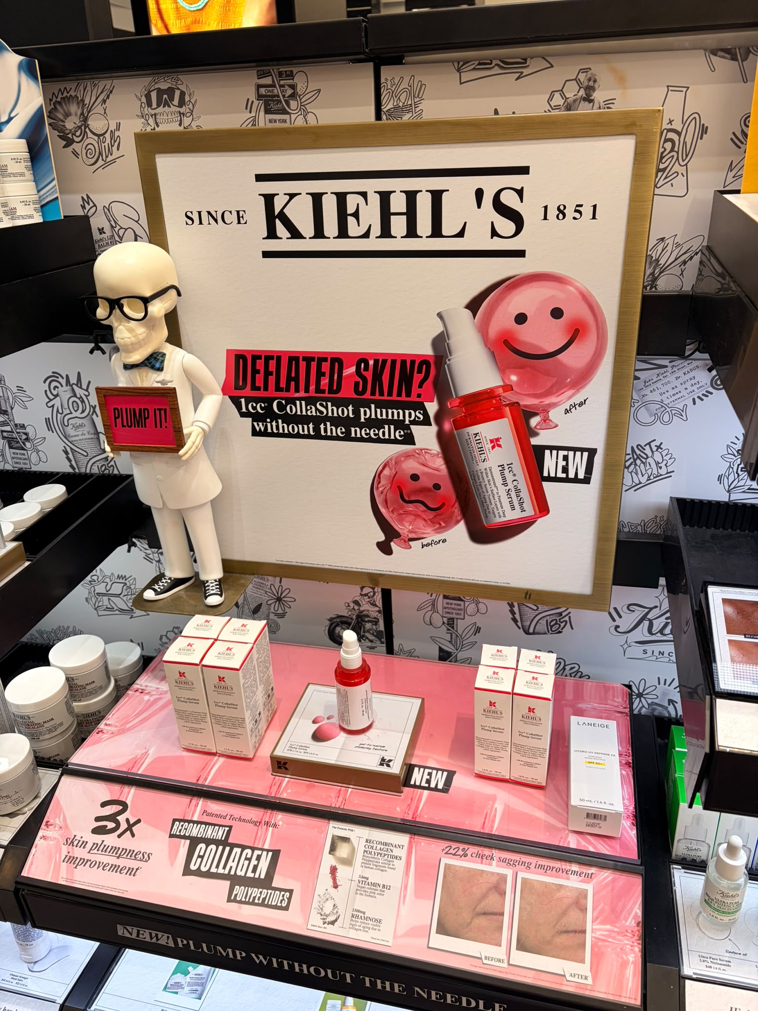 Kiehl's Deflated Skin display for CollaShot serum photographed at Sephora