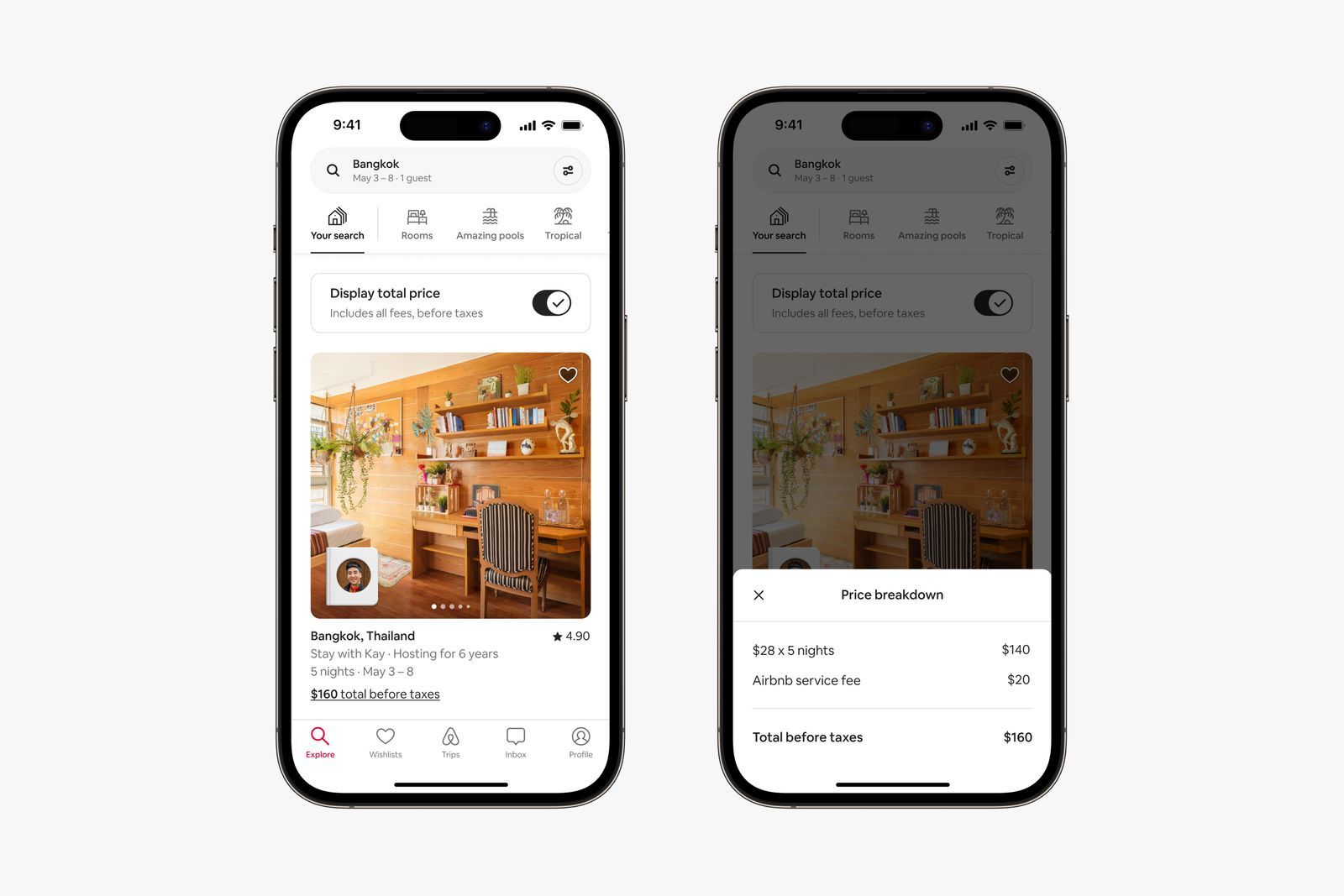 Two Airbnb mobile screens showing the total-price toggle and a full price breakdown