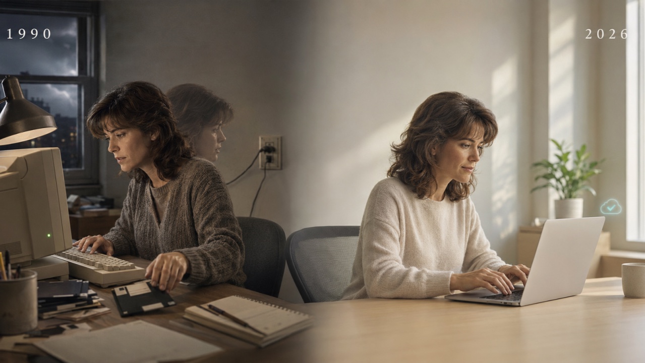 A split scene contrasting computer work in 1990 with a calmer laptop experience in 2026